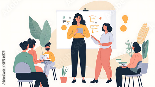 A female leader addressing her team during a goal-setting session in a creative space 