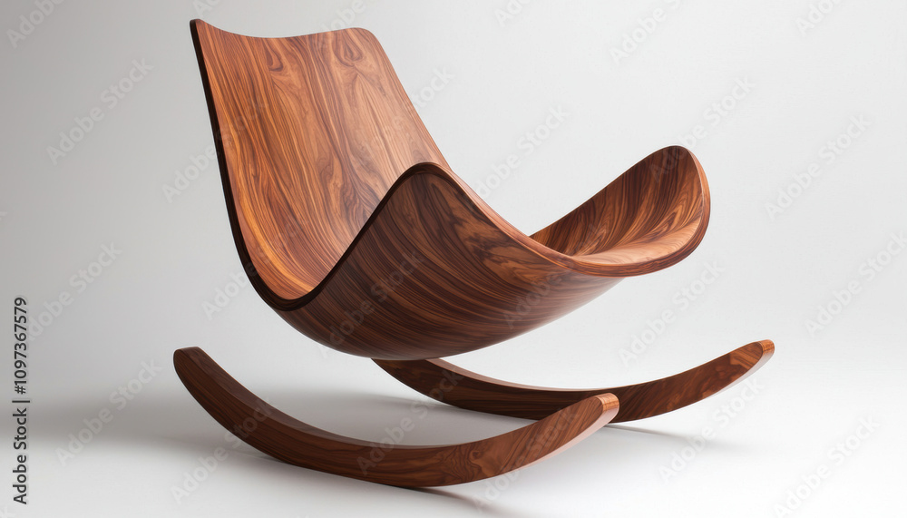 Woodwork Furniture Technique Concept. A sleek, modern wooden rocking chair with smooth curves, showcasing craftsmanship and minimalist design, perfect for contemporary interiors. Woodwork Furniture Technique Concept. A sleek, modern wooden rocking chair with smooth curves, showcasing craftsmanship and minimalist design, perfect for contemporary interiors.