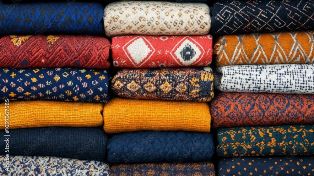 Woven Wonders: A vibrant stack of folded sweaters, showcasing a kaleidoscope of intricate patterns and rich colors, evokes a sense of warmth and cozy comfort. Woven Wonders: A vibrant stack of folded sweaters, showcasing a kaleidoscope of intricate patterns and rich colors, evokes a sense of warmth and cozy comfort.