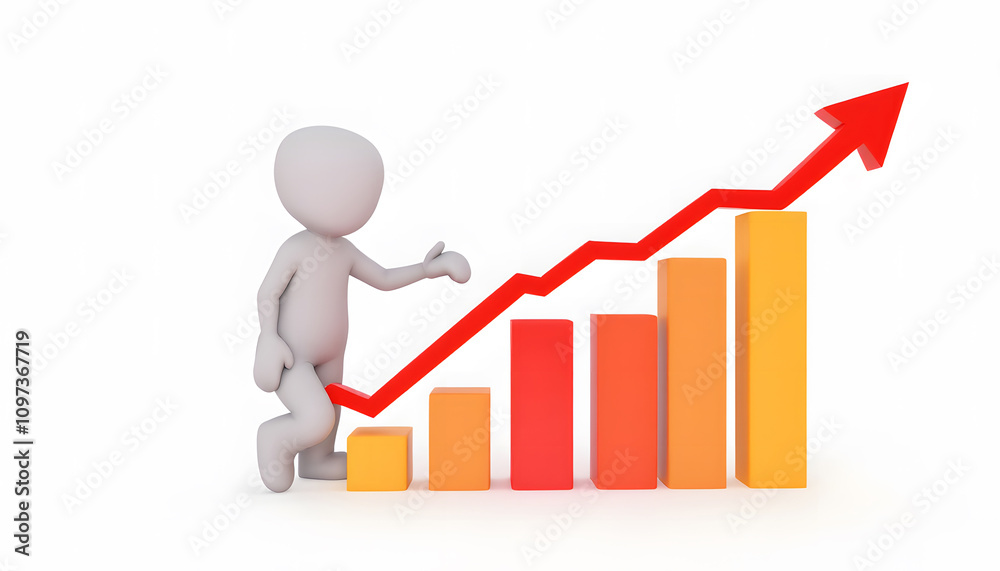 A 3D illustration of a white figure standing beside an upward-trending bar chart with orange and red bars, symbolizing growth and success. A 3D illustration of a white figure standing beside an upward-trending bar chart with orange and red bars, symbolizing growth and success.