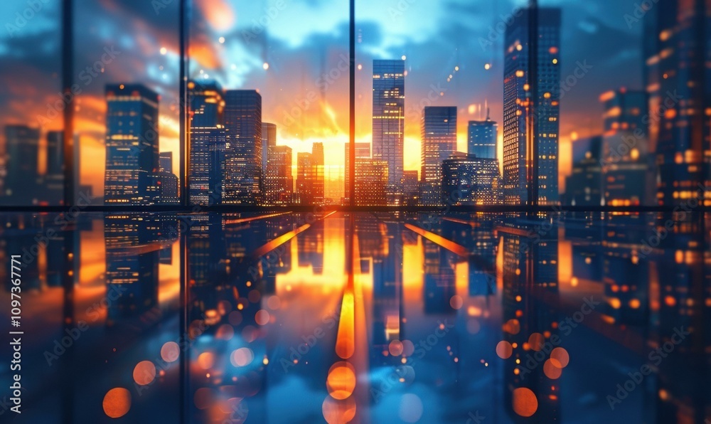 City skyline reflected in a glassy surface at sunset. AI. City skyline reflected in a glassy surface at sunset. AI.