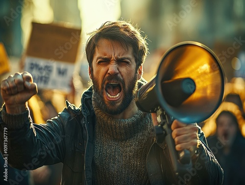 A man shouts into a megaphone at a protest. AI. photo