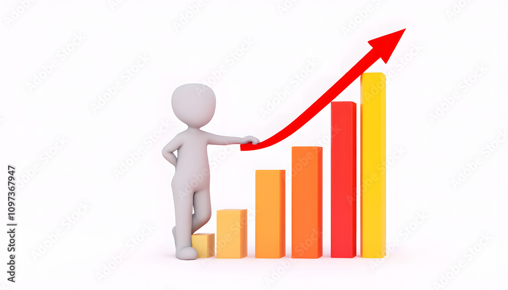 A 3D illustration of a white figure standing beside an upward-trending bar chart with orange and red bars, symbolizing growth and success. A 3D illustration of a white figure standing beside an upward-trending bar chart with orange and red bars, symbolizing growth and success.