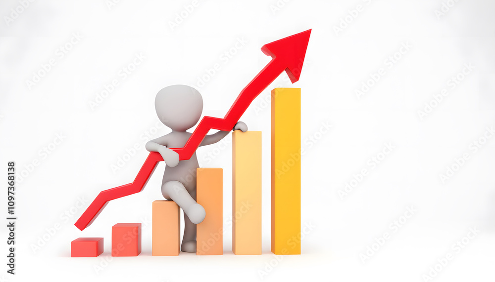 A 3D illustration of a white figure standing beside an upward-trending bar chart with orange and red bars, symbolizing growth and success. A 3D illustration of a white figure standing beside an upward-trending bar chart with orange and red bars, symbolizing growth and success.