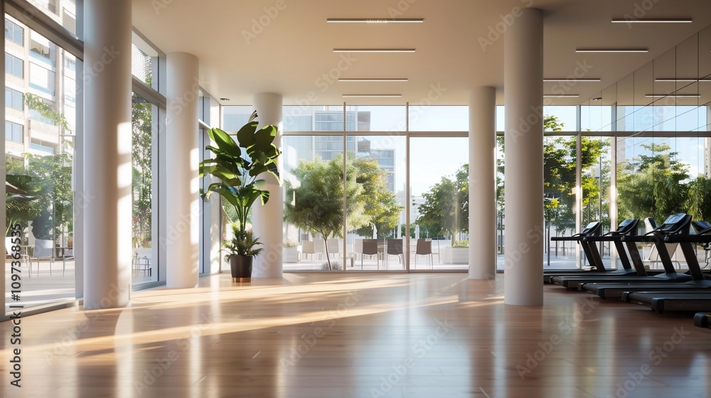Sunlit modern gym interior with large windows, hardwood floor, potted plants, and treadmills. Sunlit modern gym interior with large windows, hardwood floor, potted plants, and treadmills.