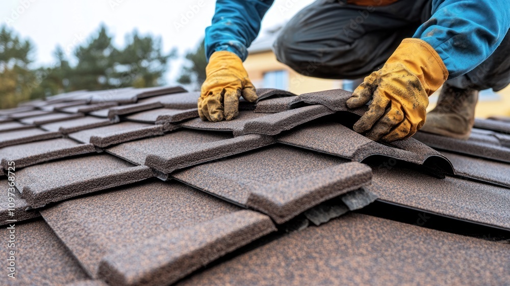 Worker installing roofing tiles on a residential roof. Worker installing roofing tiles on a residential roof.