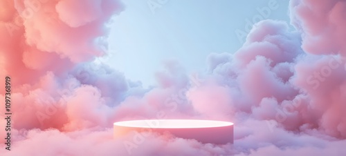 A floating, illuminated podium with transparent edges, set in a dreamy, soft pink cloud environment with plenty of space in the center for showcasing a product.