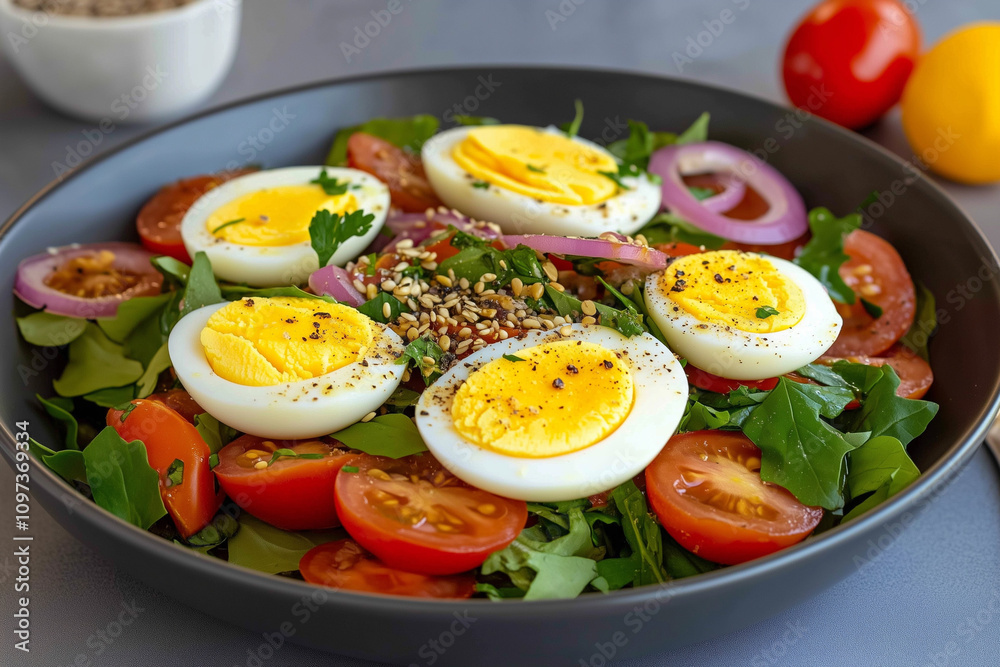 Fresh salad with hard-boiled eggs, cherry tomatoes, red onion, and greens, healthy and colorful meal Fresh salad with hard-boiled eggs, cherry tomatoes, red onion, and greens, healthy and colorful meal