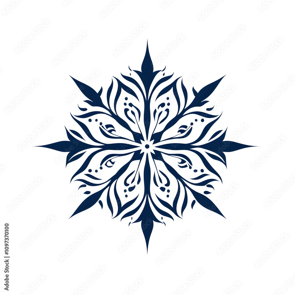 Stylized blue snowflake with intricate patterns and six points Stylized blue snowflake with intricate patterns and six points