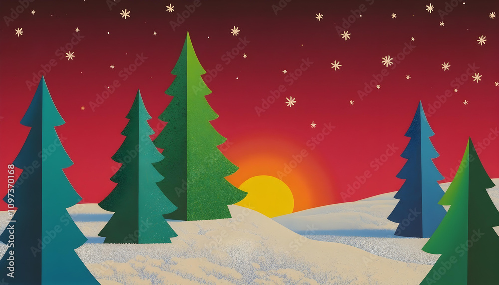 Fototapeta premium cozy Christmas scene featuring colorful paper cutout trees against vibrant sunset. snowy landscape and falling snowflakes create festive atmosphere