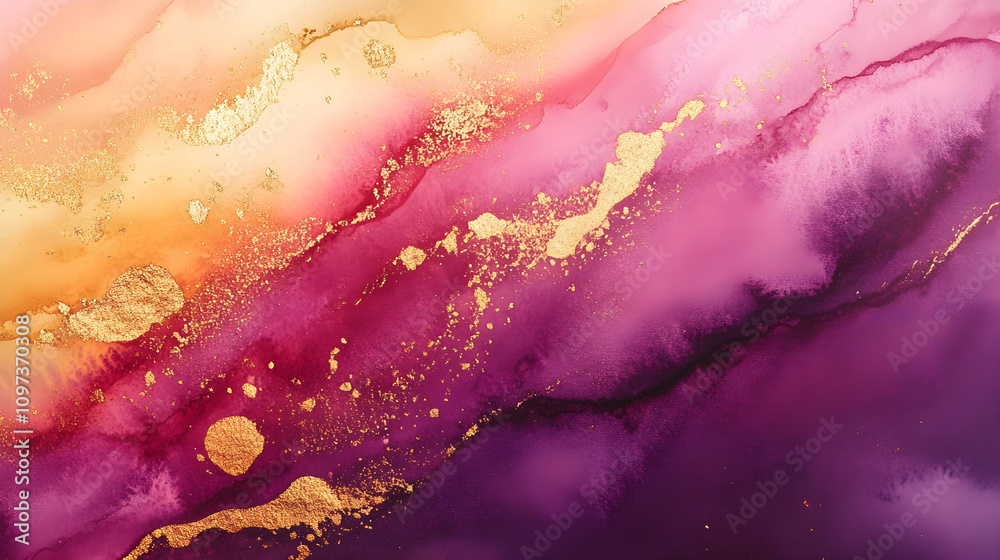 Obraz premium Sunset-inspired watercolor blend with rich pinks and golds slowly merging into deep purples