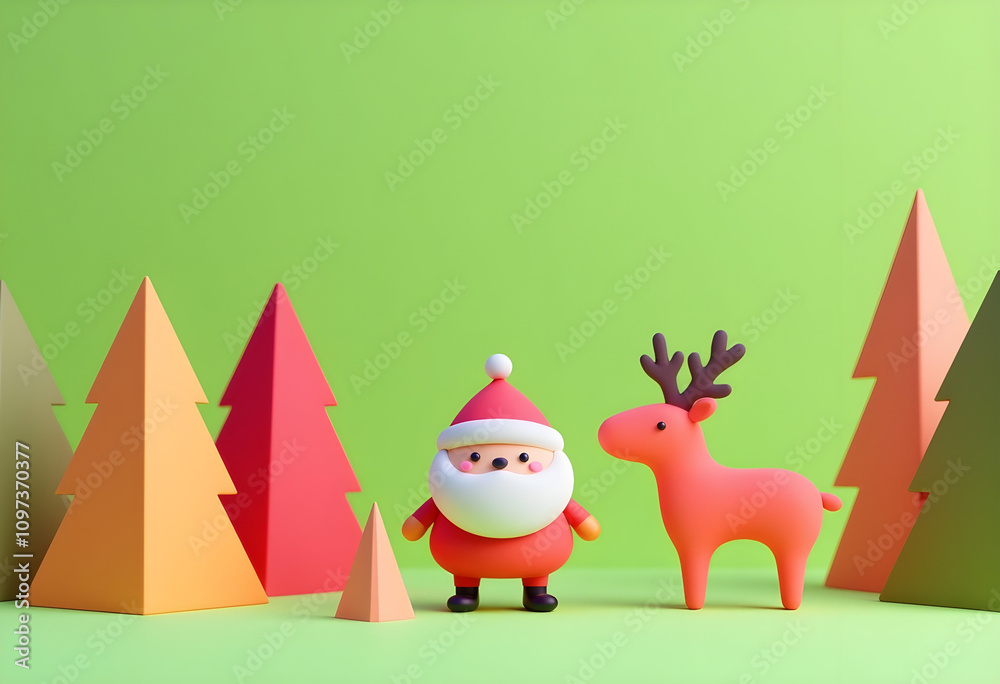 Fototapeta premium Create whimsical Christmas scene featuring cheerful Santa and playful reindeer surrounded by colorful paper trees. This festive setup brings joy and holiday spirit