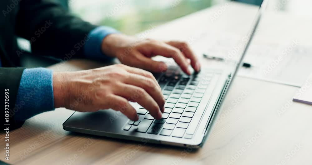Report, businessman and hands typing on laptop in corporate office for online schedule or email. Accounting, banker and technology in financial agency for equity, stock or investment growth research Report, businessman and hands typing on laptop in corporate office for online schedule or email. Accounting, banker and technology in financial agency for equity, stock or investment growth research