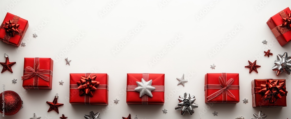 Collection of Festive Red Gift Boxes Decorated with Shiny Ribbons and Ornaments Suitable for Holiday Celebrations and Seasonal Promotions in a Minimalist Setting Collection of Festive Red Gift Boxes Decorated with Shiny Ribbons and Ornaments Suitable for Holiday Celebrations and Seasonal Promotions in a Minimalist Setting