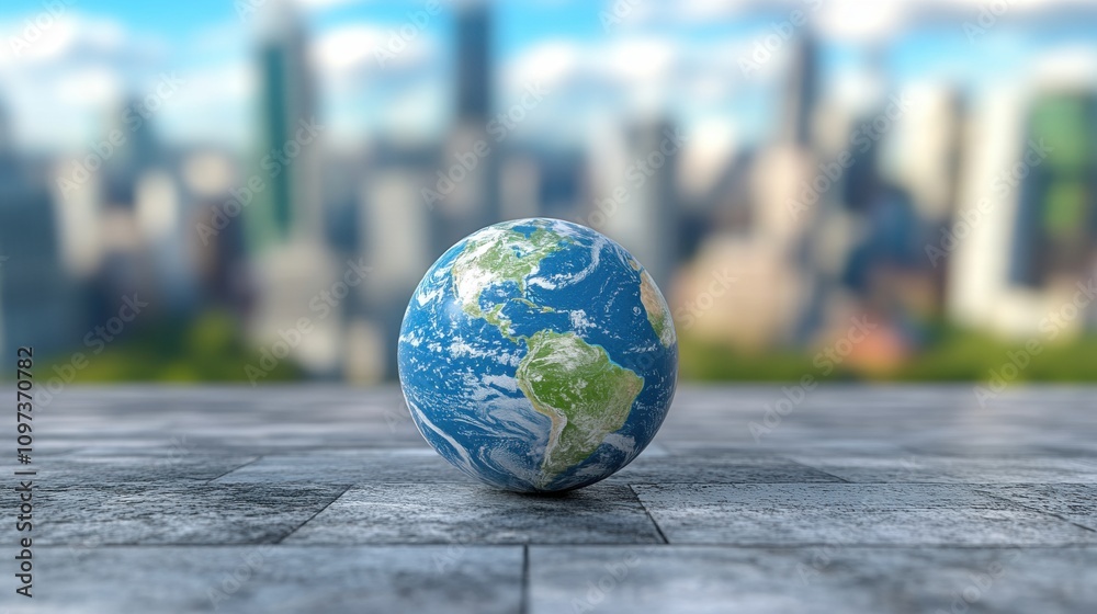 A Globe Representing Earth on a Stone Surface with a Blurred City Skyline in the Background, Symbolizing Globalization and Urbanization A Globe Representing Earth on a Stone Surface with a Blurred City Skyline in the Background, Symbolizing Globalization and Urbanization