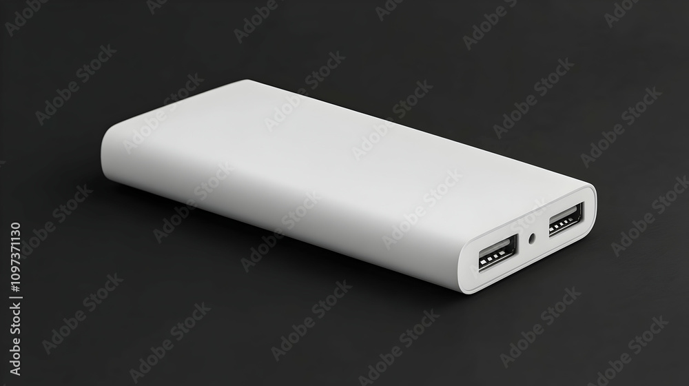 White portable power bank with two USB ports on a dark background. White portable power bank with two USB ports on a dark background.