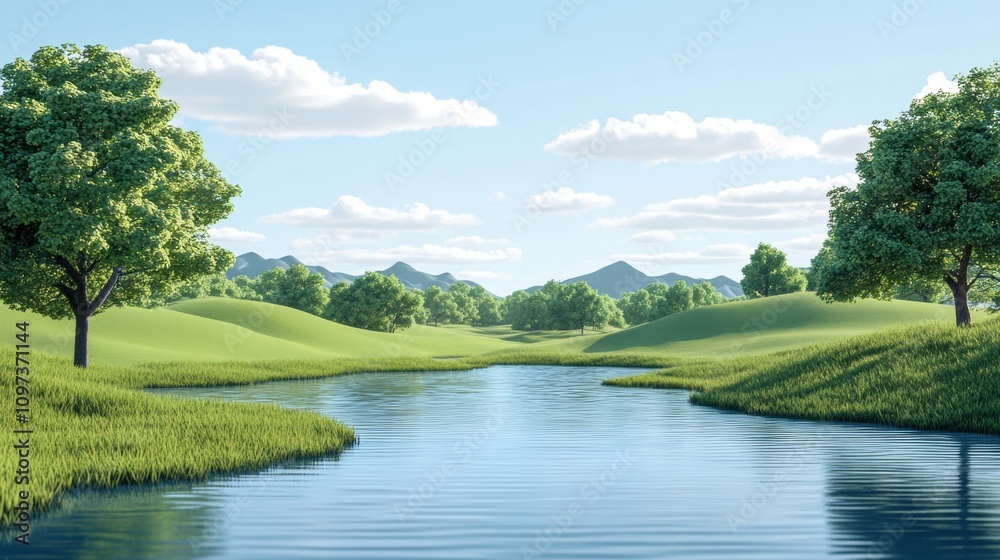 Tranquil landscape featuring serene river flowing through lush green hills, dotted with vibrant trees under a clear blue sky with a few scattered clouds Tranquil landscape featuring serene river flowing through lush green hills, dotted with vibrant trees under a clear blue sky with a few scattered clouds