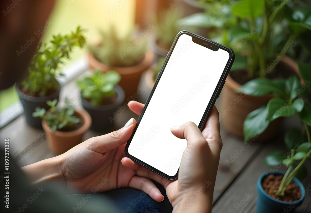 person holding smartphone with blank screen surrounded by potted plants, creating serene atmosphere. natural light enhances calming environment person holding smartphone with blank screen surrounded by potted plants, creating serene atmosphere. natural light enhances calming environment