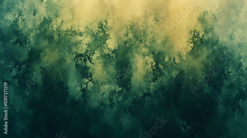 Watercolor in deep greens and soft yellows resembling an abstract forest background