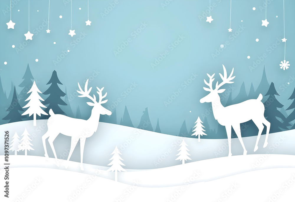serene winter landscape featuring paper cutout reindeer amidst snowy hills and evergreen trees, creating peaceful holiday atmosphere serene winter landscape featuring paper cutout reindeer amidst snowy hills and evergreen trees, creating peaceful holiday atmosphere