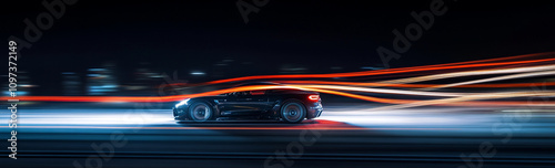 fast car speeds through night, leaving dynamic light trail against cityscape backdrop, capturing essence of motion and energy