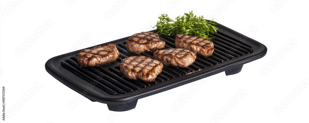 Grilled steaks on indoor grill with fresh herbs Grilled steaks on indoor grill with fresh herbs