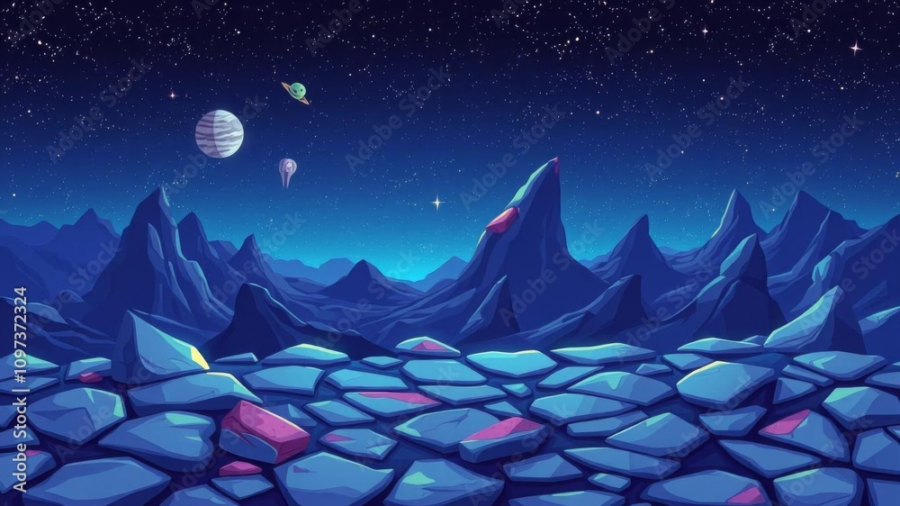 Obraz premium Fantasy alien planet landscape with purple rocks, neon colors, and starry night sky in a cosmic futuristic setting, landscape, fantasy