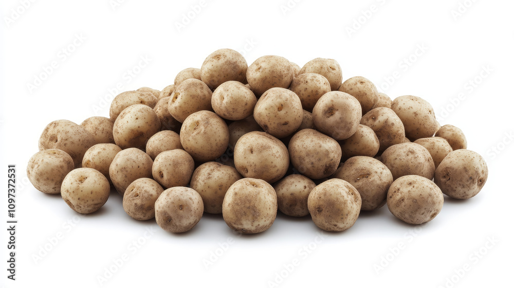 A pile of young potatoes isolated on a white background. The potatoes are fresh. They are casually stacked, with some overlapping each other. The lighting is soft and even, highlighting their natural A pile of young potatoes isolated on a white background. The potatoes are fresh. They are casually stacked, with some overlapping each other. The lighting is soft and even, highlighting their natural
