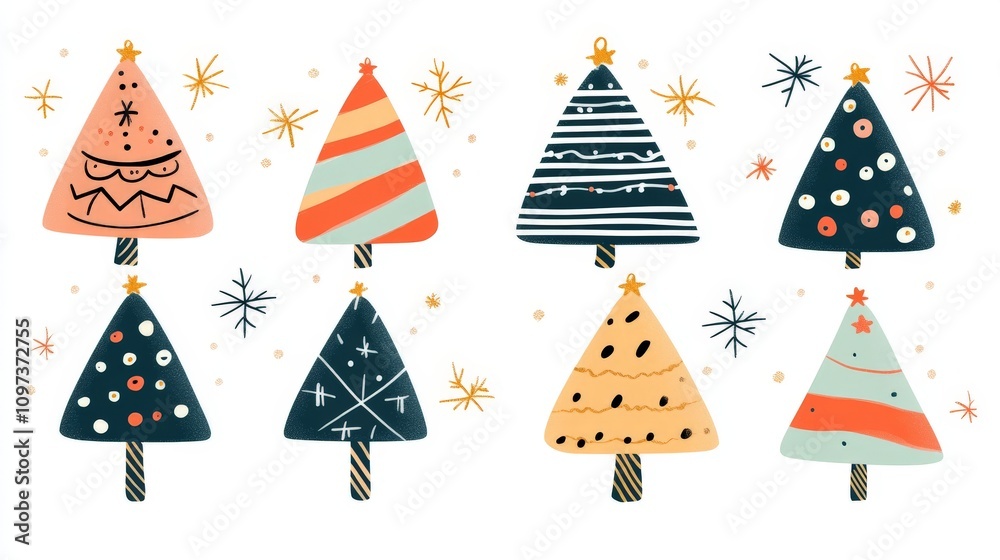 Collection of whimsical Christmas tree illustrations with pastel tones geometric shapes and intricate patterns evoking a playful and modern festive mood Collection of whimsical Christmas tree illustrations with pastel tones geometric shapes and intricate patterns evoking a playful and modern festive mood