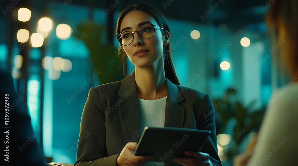 Fototapeta premium A professional woman hosting a discussion with her team while holding a digital tablet