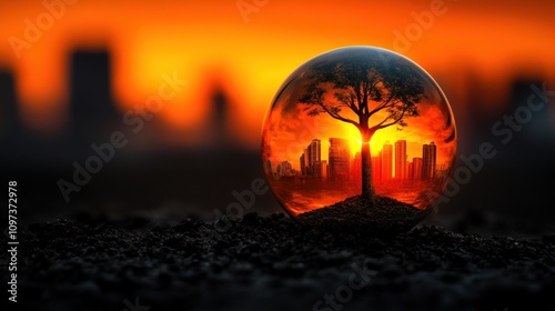 Wallpaper Mural Captivating Glass Sphere Reflecting Urban Skyline and Tree Silhouette Against a Golden Sunset Background with Soft Lighting and Dreamy Atmosphere Torontodigital.ca