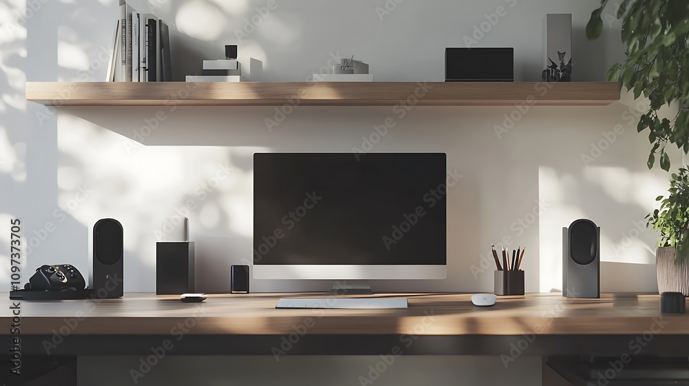 Modern minimalist home office workspace setup with computer Modern minimalist home office workspace setup with computer