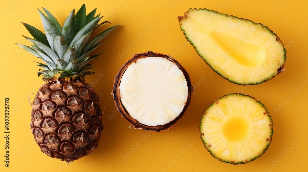Tropical Fruit Delight: A vibrant pineapple, coconut, and avocado arranged on a bright yellow background, capturing the essence of tropical flavors and summer vibes. Tropical Fruit Delight: A vibrant pineapple, coconut, and avocado arranged on a bright yellow background, capturing the essence of tropical flavors and summer vibes.