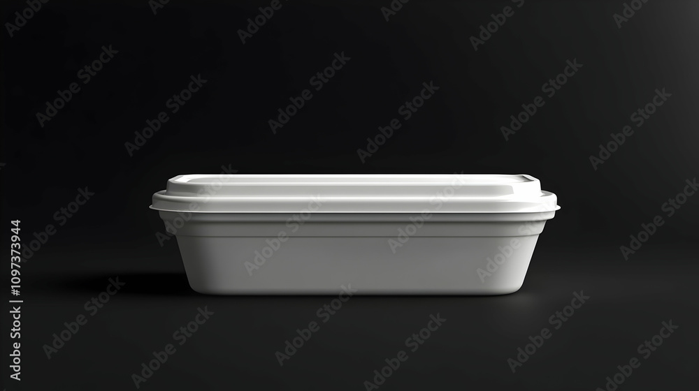 White rectangular plastic food container with lid on a black background. White rectangular plastic food container with lid on a black background.