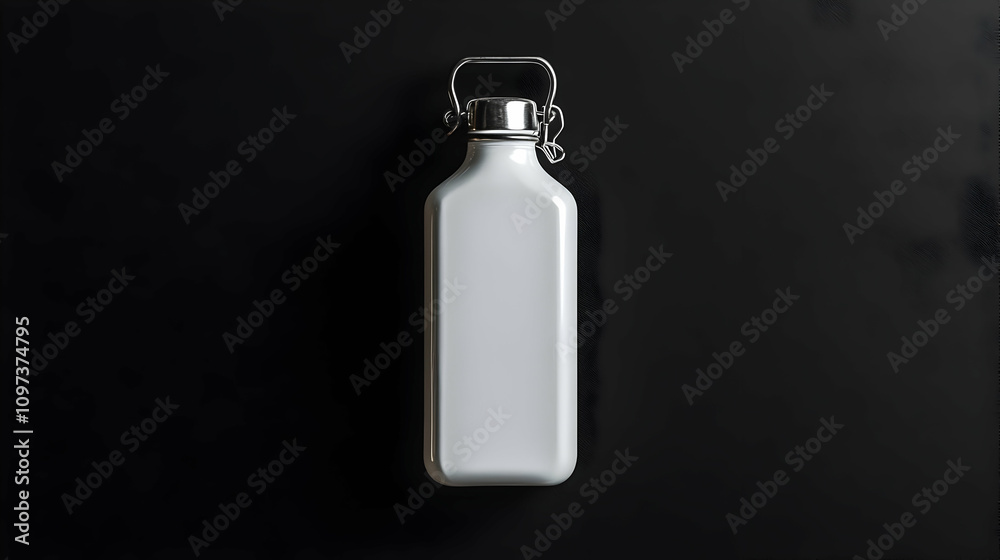 White rectangular water bottle with silver cap on black background. White rectangular water bottle with silver cap on black background.