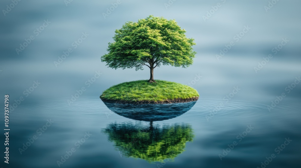 A Solitary Tree on an Island Surrounded by Serene Water, Reflecting Nature's Beauty and Tranquility in a Peaceful Environment A Solitary Tree on an Island Surrounded by Serene Water, Reflecting Nature's Beauty and Tranquility in a Peaceful Environment