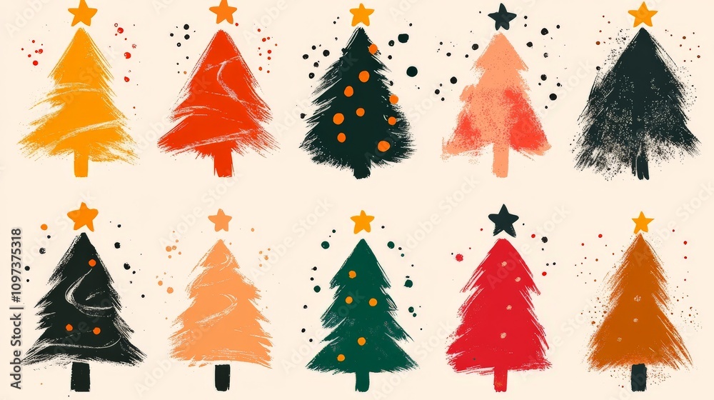 Obraz premium Cheerful watercolor and brush stroke Christmas tree designs in vibrant orange red and green tones with textured artistic details on a soft neutral background