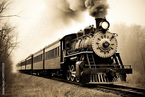 Old steam engine train departs from railway station. Vintage locomotive with carriages run on the track in countryside. Retro transport and steampunk concept 