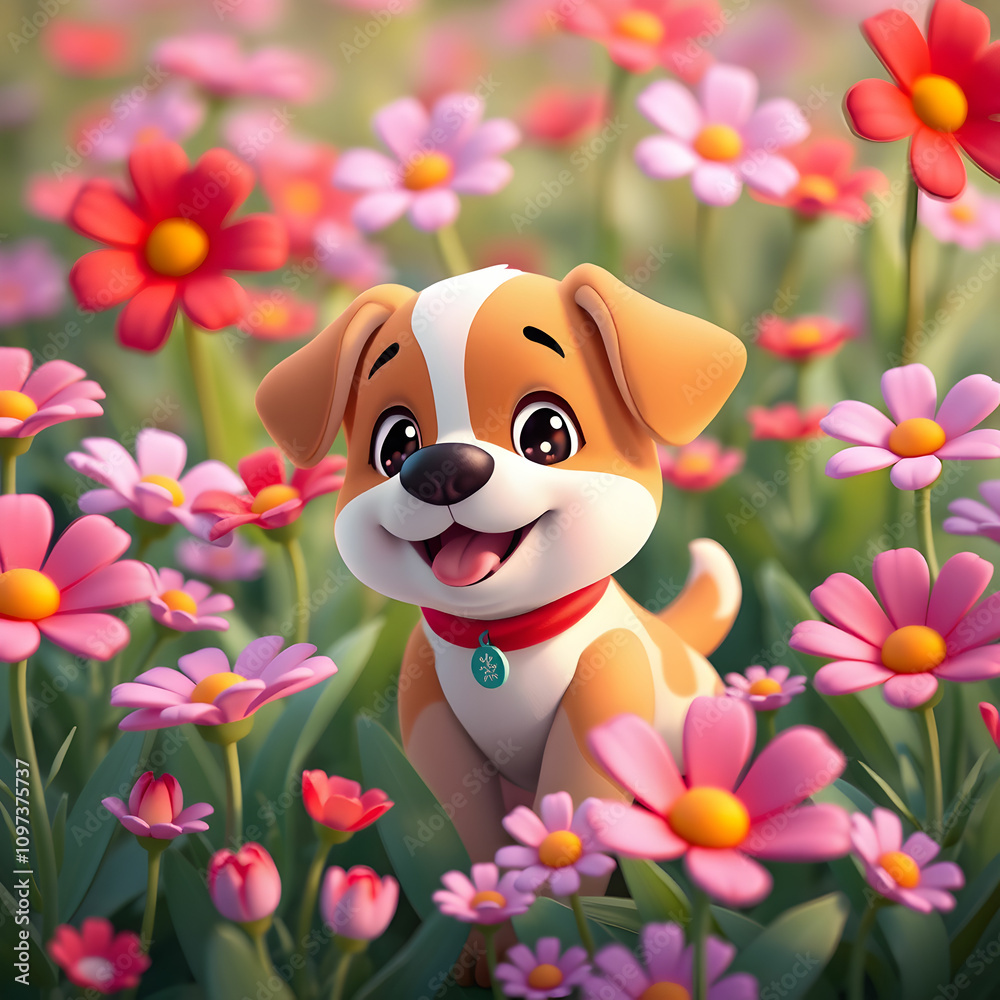 A charming scene featuring Hello Puppy surrounded by a field A charming scene featuring Hello Puppy surrounded by a field