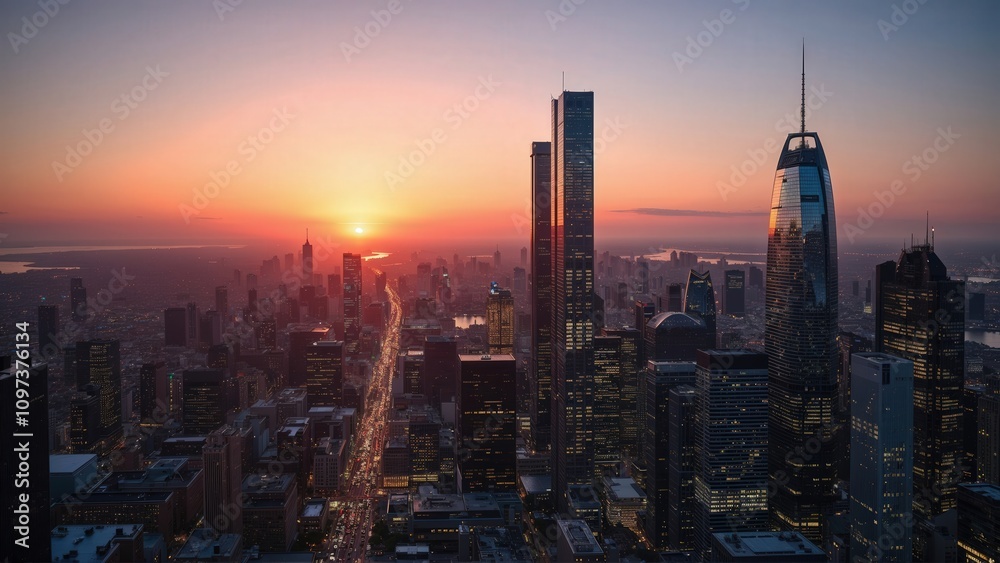 Fototapeta premium Generative AI, Golden Hour Skyline over a Modern Metropolis