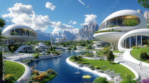 Futuristic Eco-Friendly City with Modern Architecture, Lush Greenery, Crystal Clear Waterways, and Majestic Mountain Backdrop Under a Bright Blue Sky