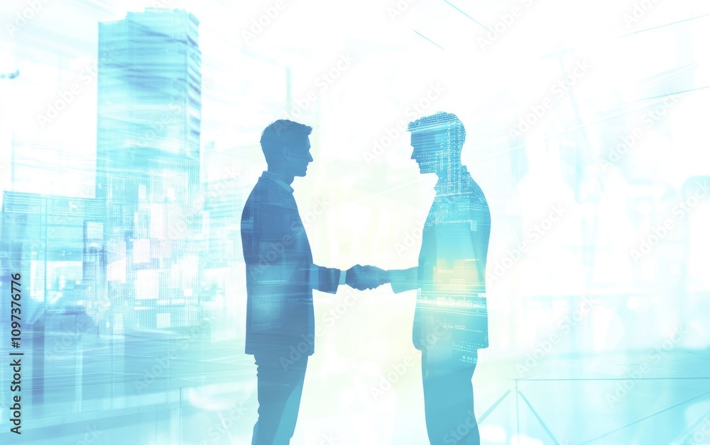 Two businessmen shaking hands, city skyline double exposure. Two businessmen shaking hands, city skyline double exposure.
