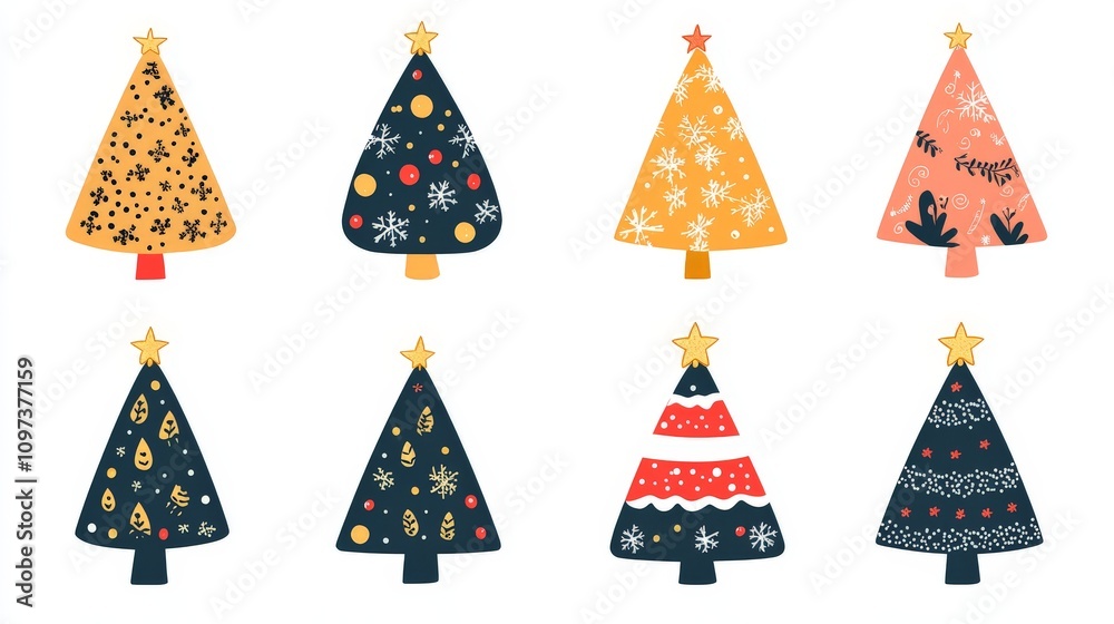 Modern flat style Christmas tree icons with unique geometric patterns and vibrant colors arranged on a light cream background perfect for digital designs and creative holiday projects Modern flat style Christmas tree icons with unique geometric patterns and vibrant colors arranged on a light cream background perfect for digital designs and creative holiday projects