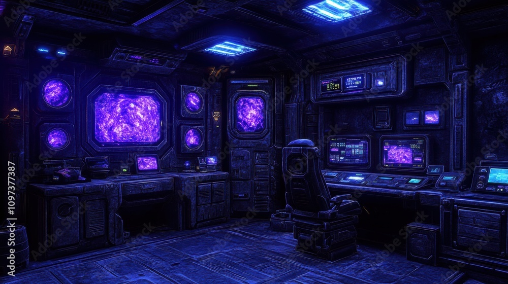 Futuristic Sci-Fi Control Room with High-Tech Monitors and Ambient Purple Lighting in a Spacecraft Setting Futuristic Sci-Fi Control Room with High-Tech Monitors and Ambient Purple Lighting in a Spacecraft Setting