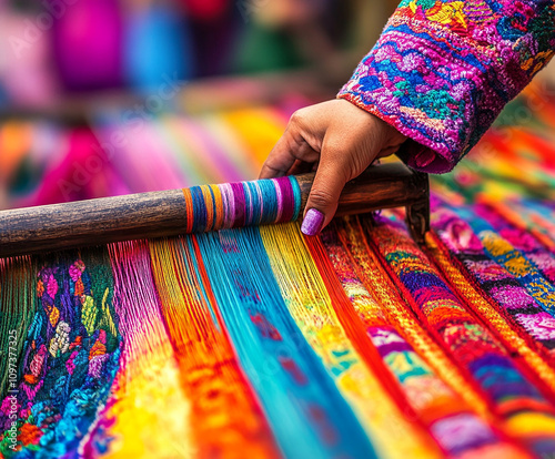 A traditional Indian woman weaving on an antique loom colorful woven fabric threads