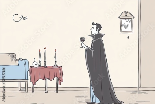 A whimsical illustration of a vampire enjoying a drink from a goblet in a candlelit room. The ambiance evokes themes of mystery and allure.