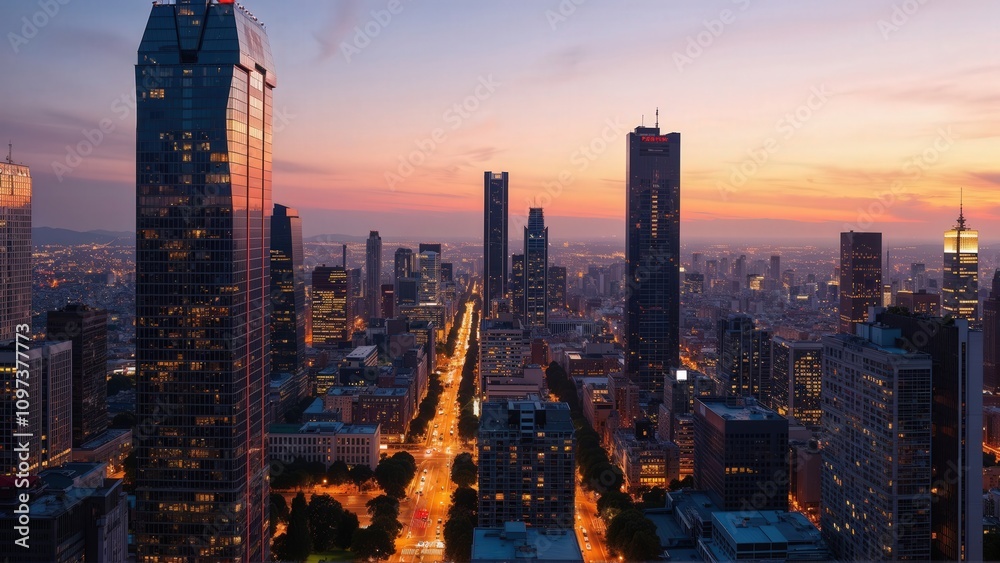 Naklejka premium Generative AI, Golden Hour Skyline over a Modern Metropolis