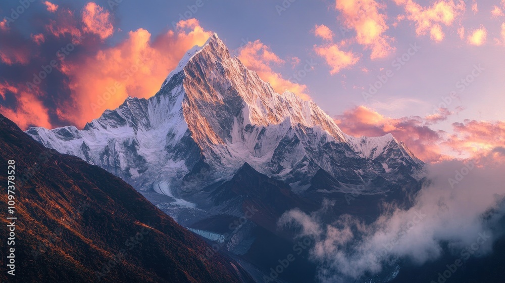Majestic snow capped mountain peak at sunset Majestic snow capped mountain peak at sunset