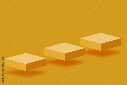 3d yellow product display background, three cube podium floating up, empty stage mockup for presentation your platform, cosmetic, sale banner, vector illustration