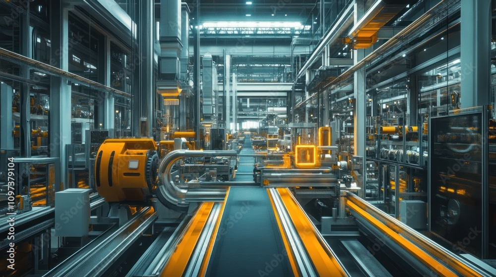 Industrial factory with futuristic equipment, robotic conveyor belts, bright and metallic color scheme Industrial factory with futuristic equipment, robotic conveyor belts, bright and metallic color scheme